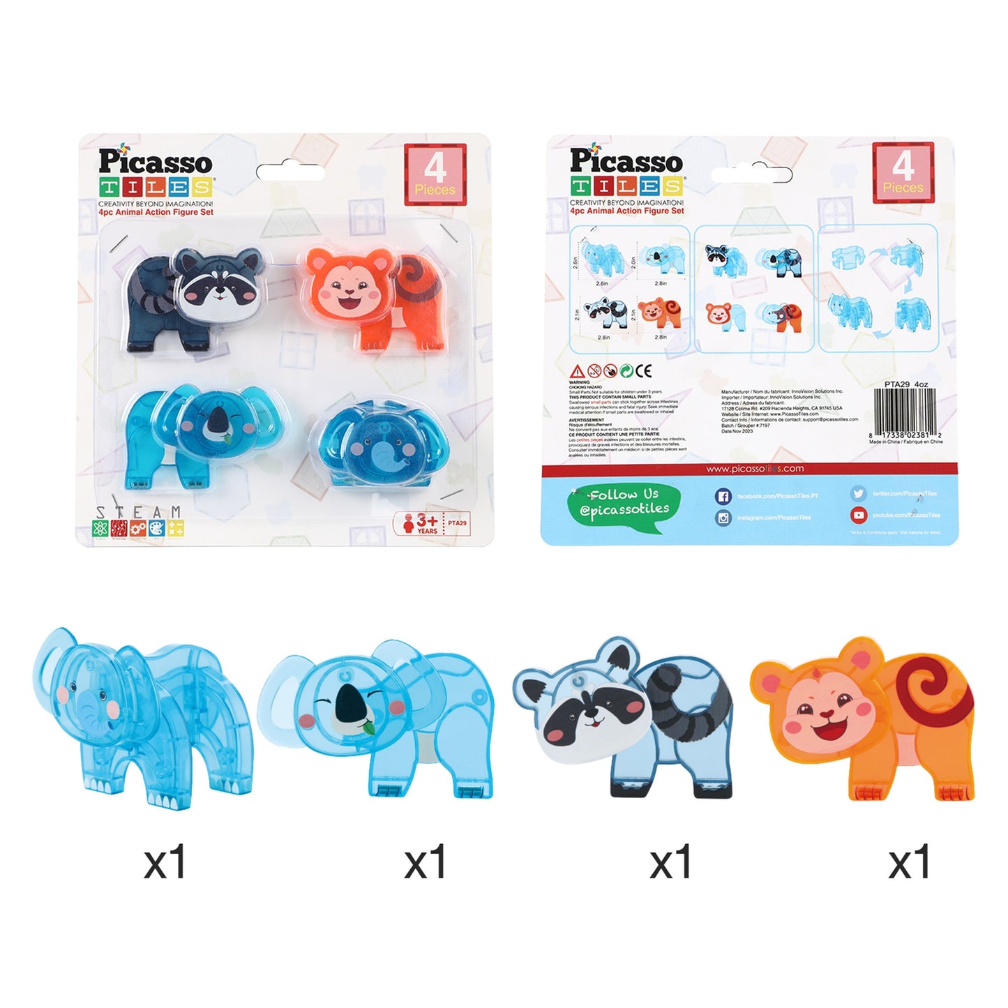 PicassoTiles 4pc Animal Action Figure Set PTA29