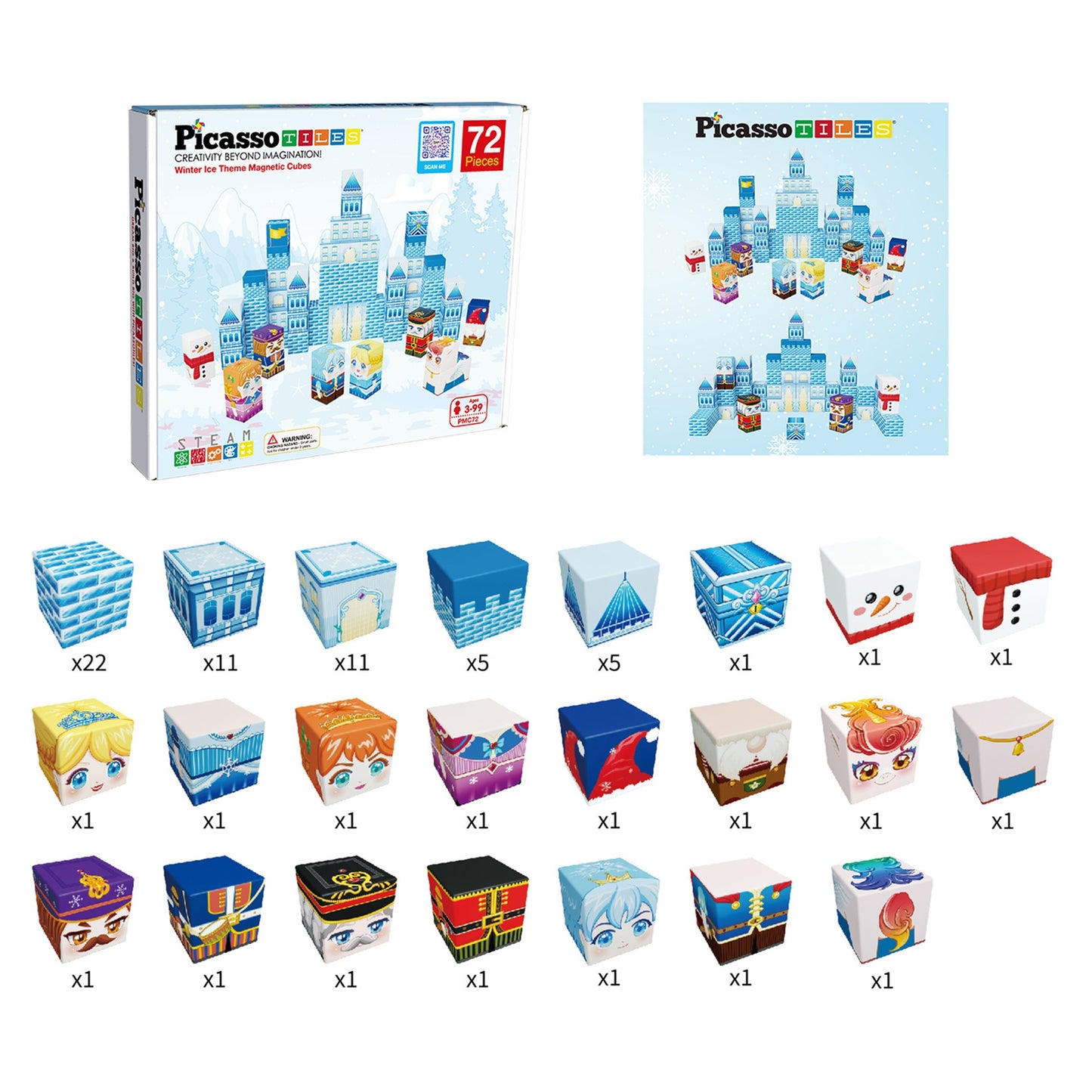 PicassoTiles 72pc Winter Ice Themed Magnet Cube Set PMC72