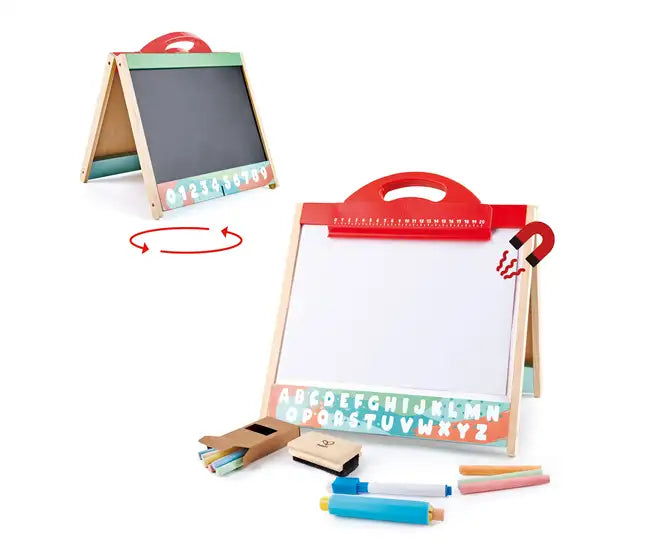 Hape Store & Go Easel Folding Double-Sided Tabletop Blackboard & Whiteboard with Chalks, Markers